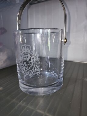 RALPH LAUREN CRYSTAL ICE BUCKET CLEAR WITH GOLD METAL HANDLE CLASSIC CREST LOGO